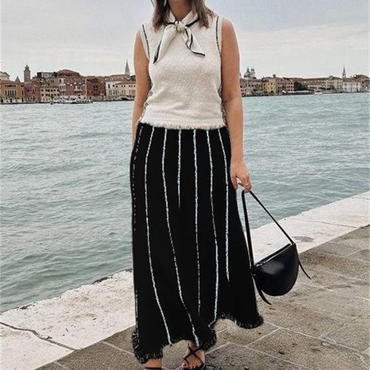Gonna lunga in maglia a righe con nappa Gonna lunga da donna a vita alta elegante stampata zebrata Gonna lunga alla moda femmini