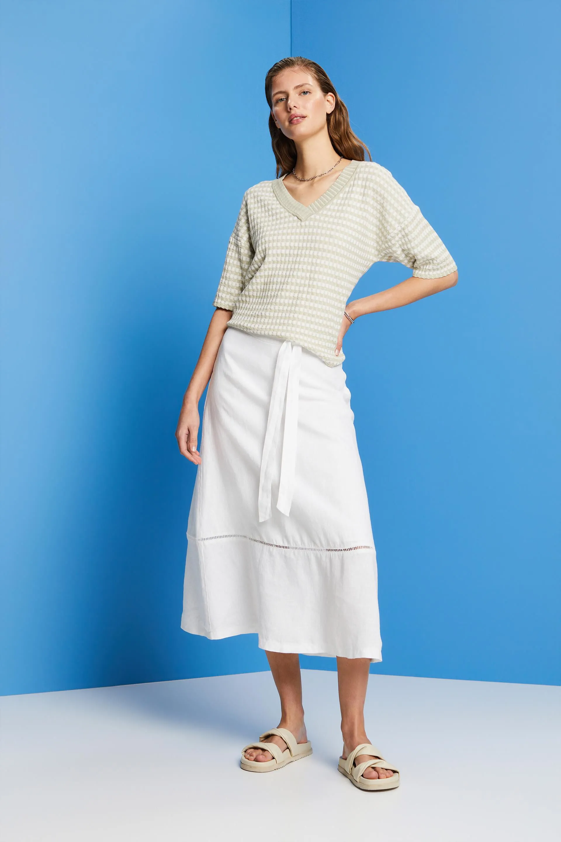 Gonna midi con cintura, 100% lino
