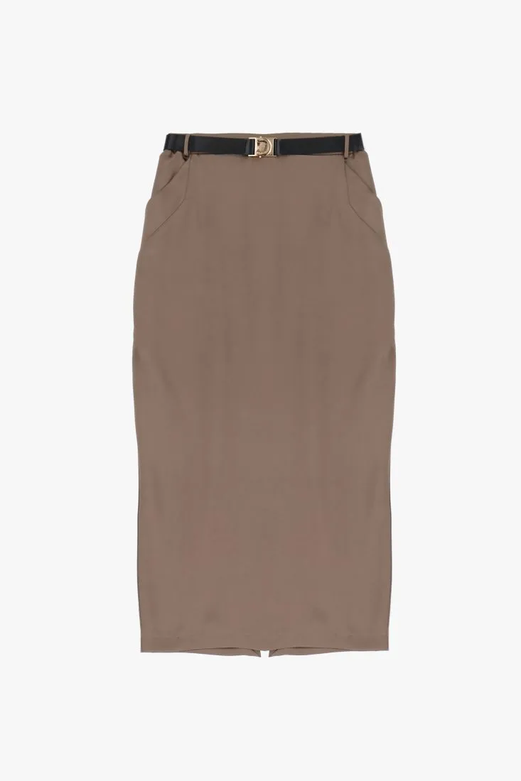 Gonna midi effetto satin con cintura e tasche