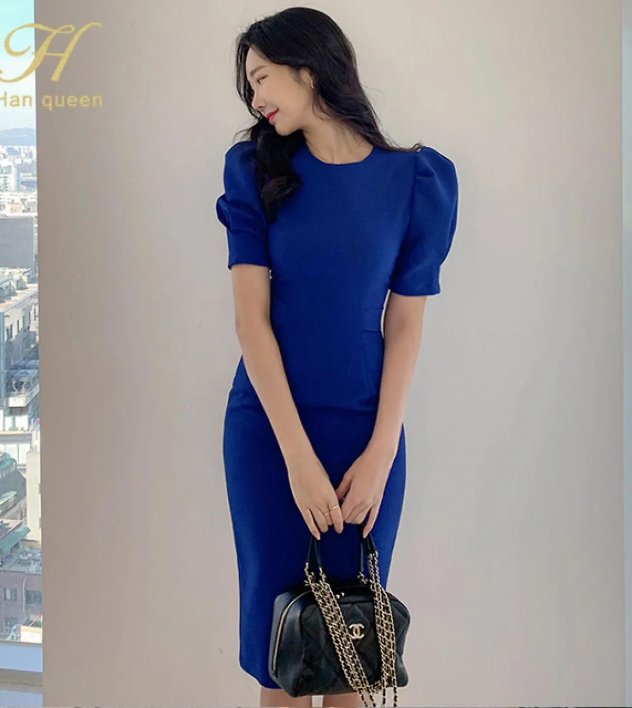 H Han Queen Vendita calda Summer Simple Formal Office Lady Work Dress Elegant Blue Solid Manicotto a sbuffo Lace Up Slim Pencil