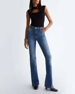 Jeans a zampa blu stone washed in cotone stretch a vita alta
