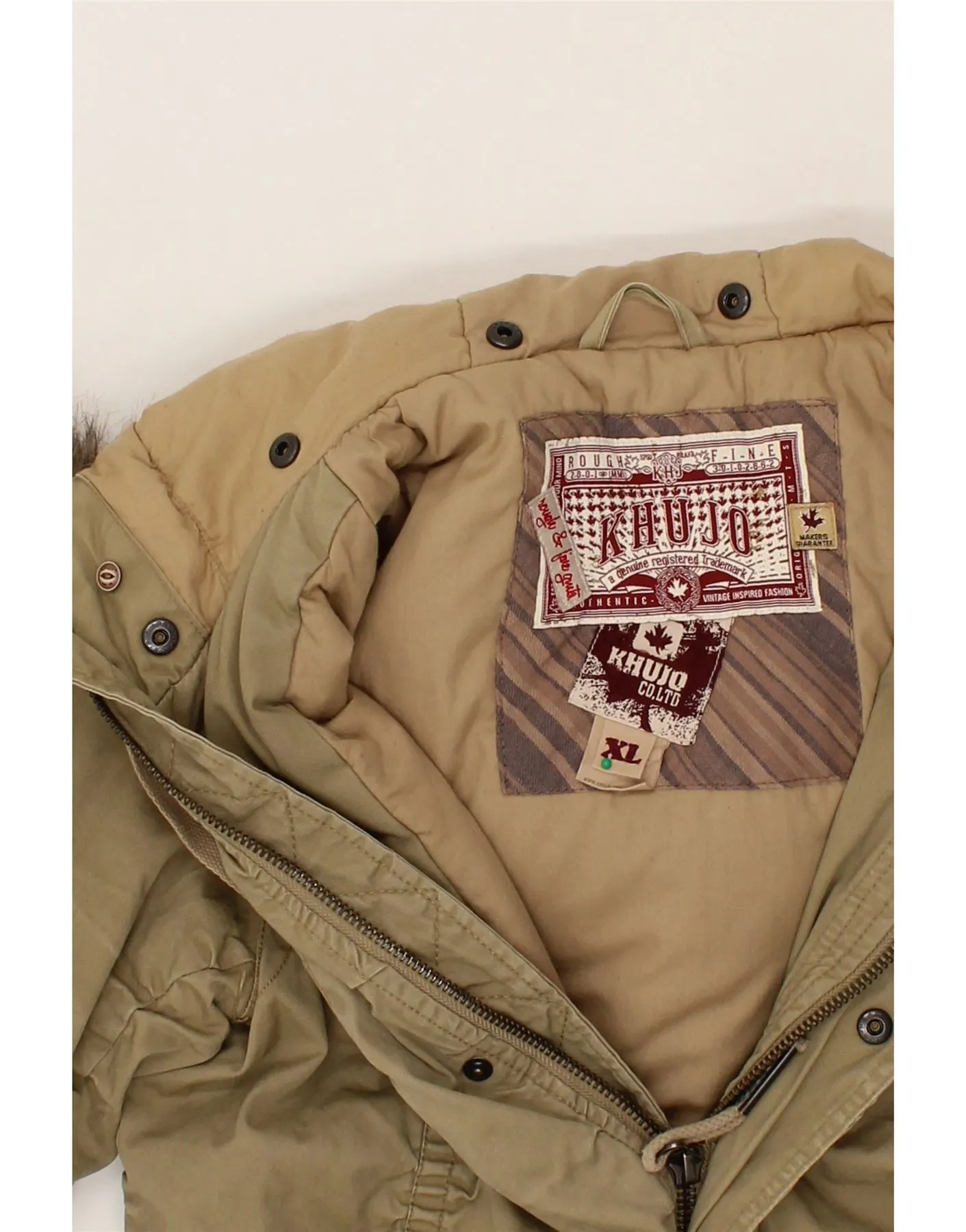 KHUJO Mens Hooded Parka Jacket UK 42 XL Khaki Cotton