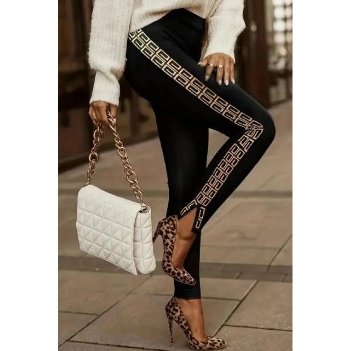 Leggings in ecopelle stampa geometrica Margaretta, Nero e Beige