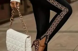Leggings in ecopelle stampa geometrica Margaretta, Nero e Beige