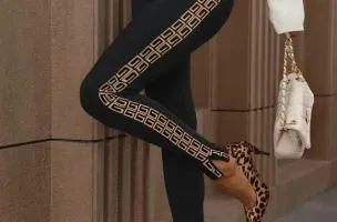 Leggings in ecopelle stampa geometrica Margaretta, Nero e Beige