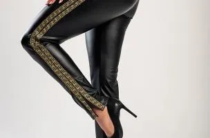 Leggings in ecopelle stampa geometrica Margaretta, Nero e Beige