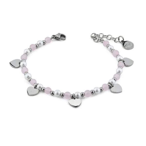 LM/BR07 Bracciale di perle e boules rosa e rodiate con cuori    