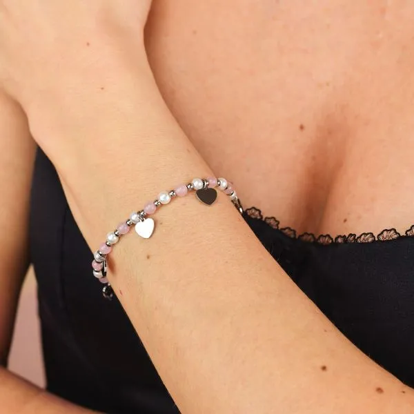 LM/BR07 Bracciale di perle e boules rosa e rodiate con cuori    