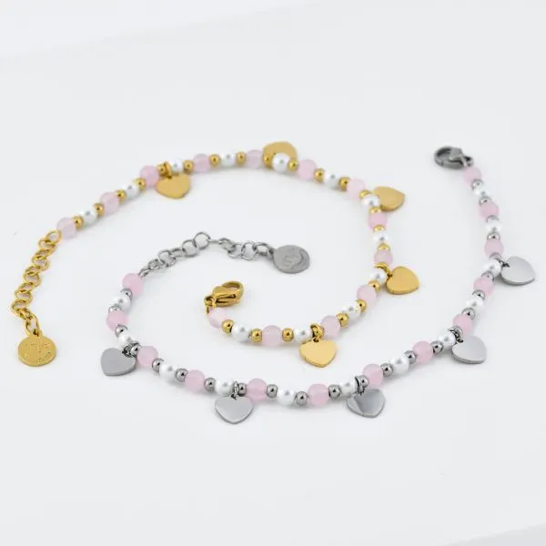 LM/BR07 Bracciale di perle e boules rosa e rodiate con cuori    