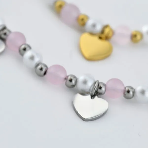 LM/BR07 Bracciale di perle e boules rosa e rodiate con cuori    