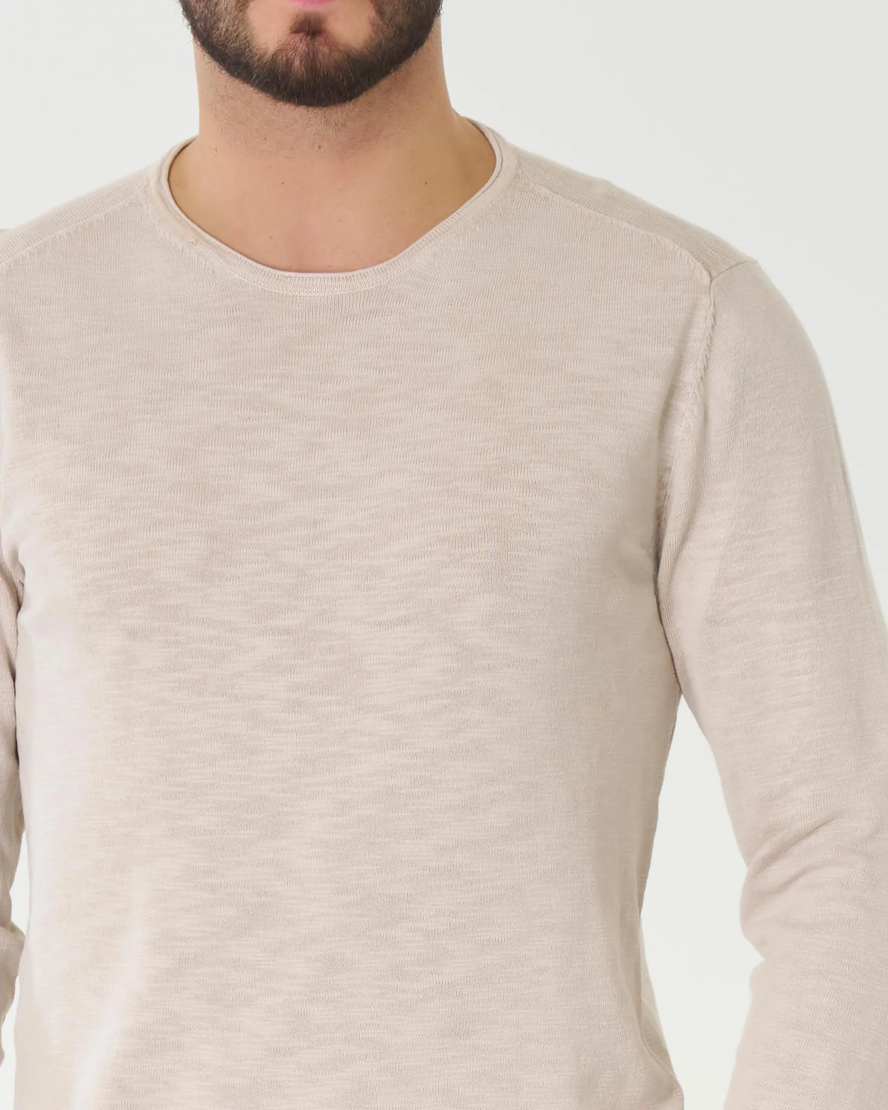 Maglia girocollo beige in puro cotone effetto fiammato