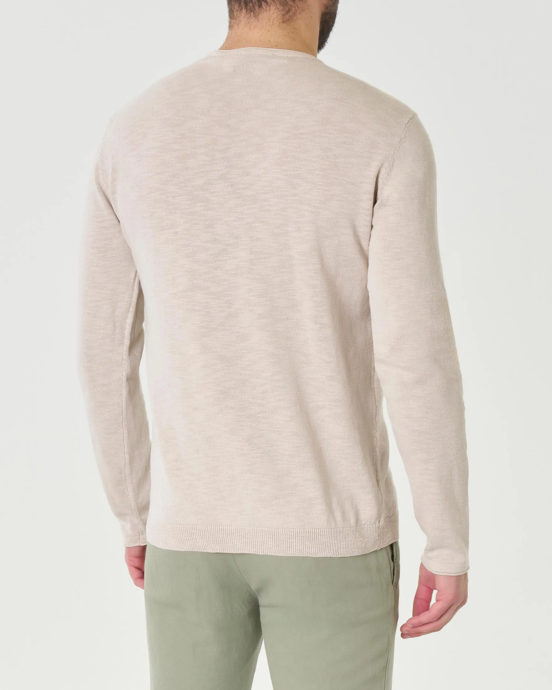 Maglia girocollo beige in puro cotone effetto fiammato