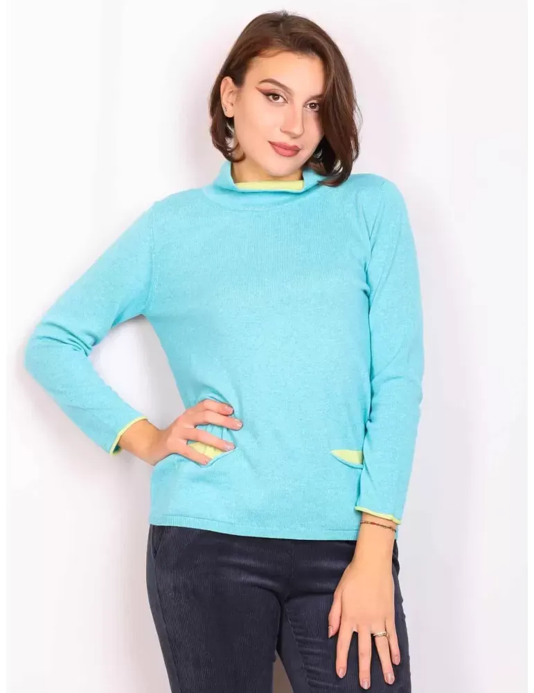 Maglia lupetto bicolore turchese cashmere e seta Frida Madè