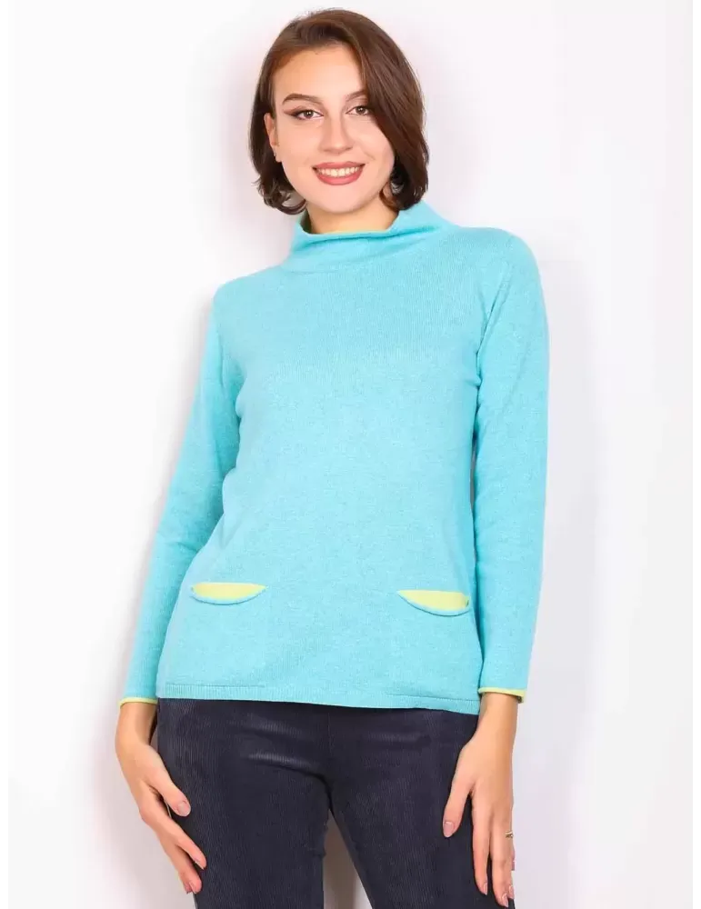 Maglia lupetto bicolore turchese cashmere e seta Frida Madè