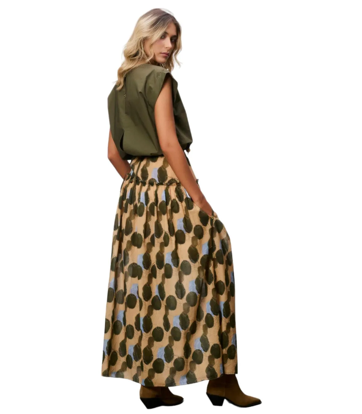 Manila Grace Donna Gonna  Maxi Con Spacchi Lati A Pois Fantasia Foglia
