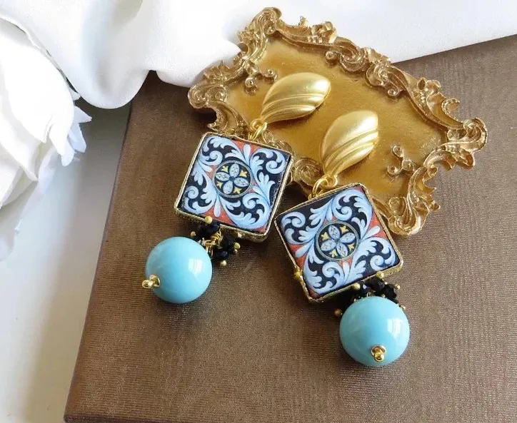 Orecchini Siciliani con Mattonelle in Ceramica di Caltagirone e Pasta di Turchese