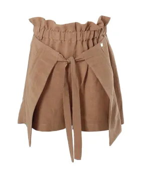 Pantaloncini corti in misto viscosa e lino color tabacco con elastico in vita e applicazione di finta gonna 10-16 anni