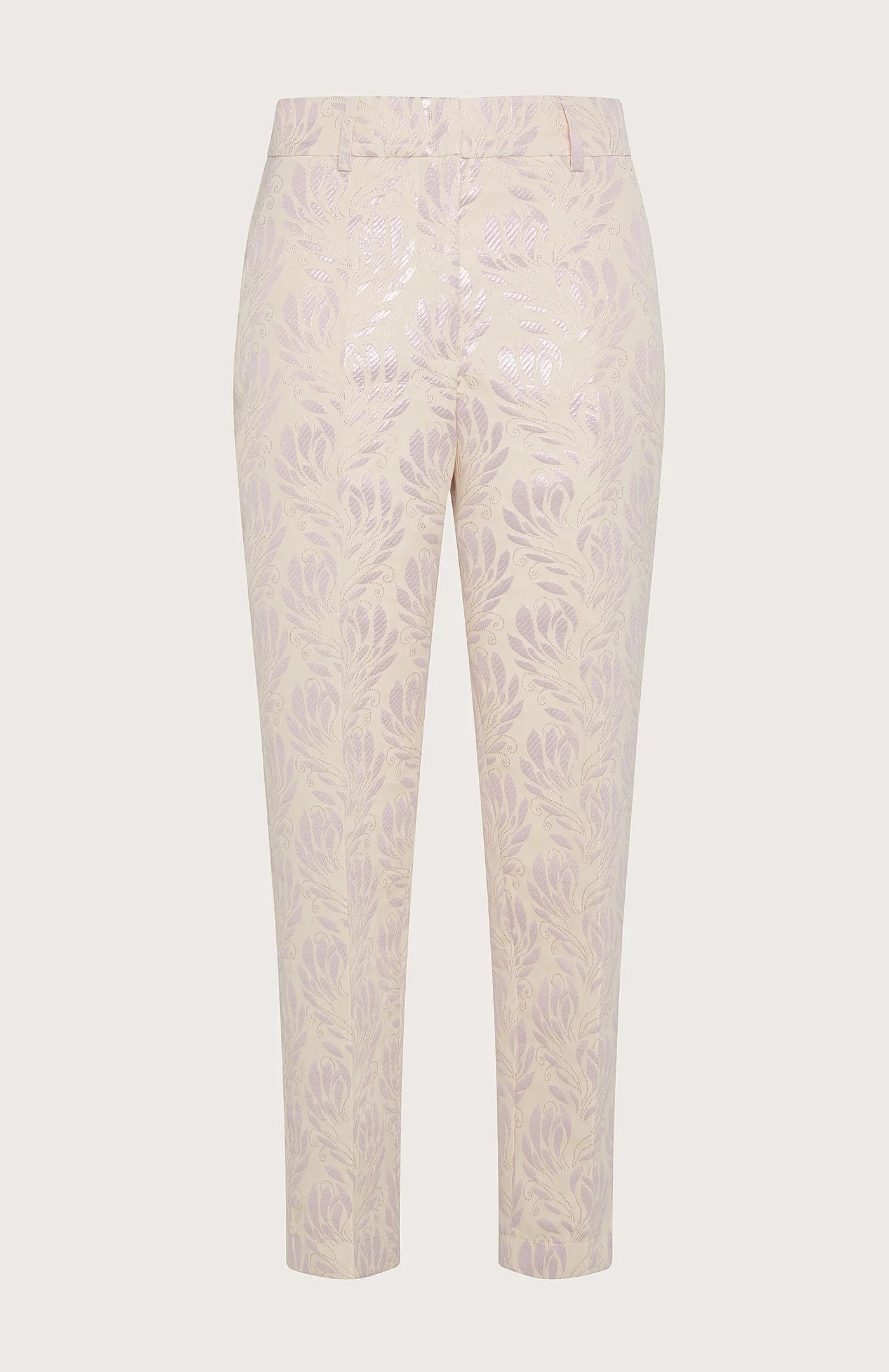 Pantalone carrot fit alla caviglia in tessuto jacquard lurex con disegno floreale