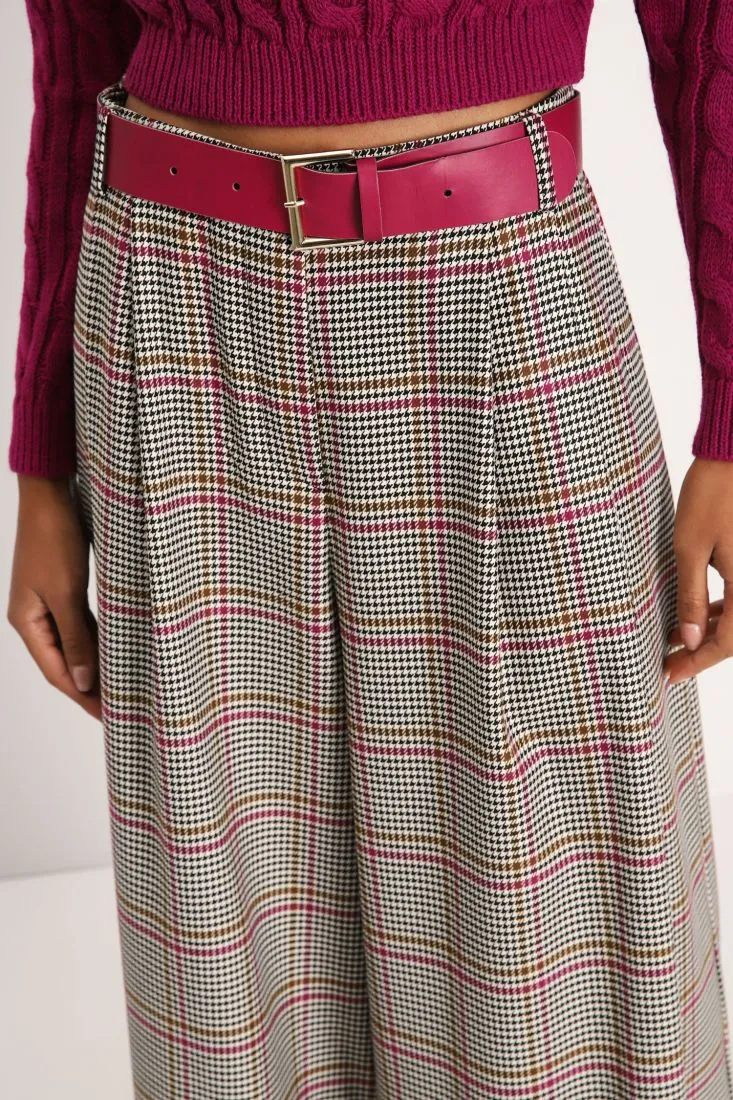 Pantaloni a palazzo fantasia pied-de-poule con pinces