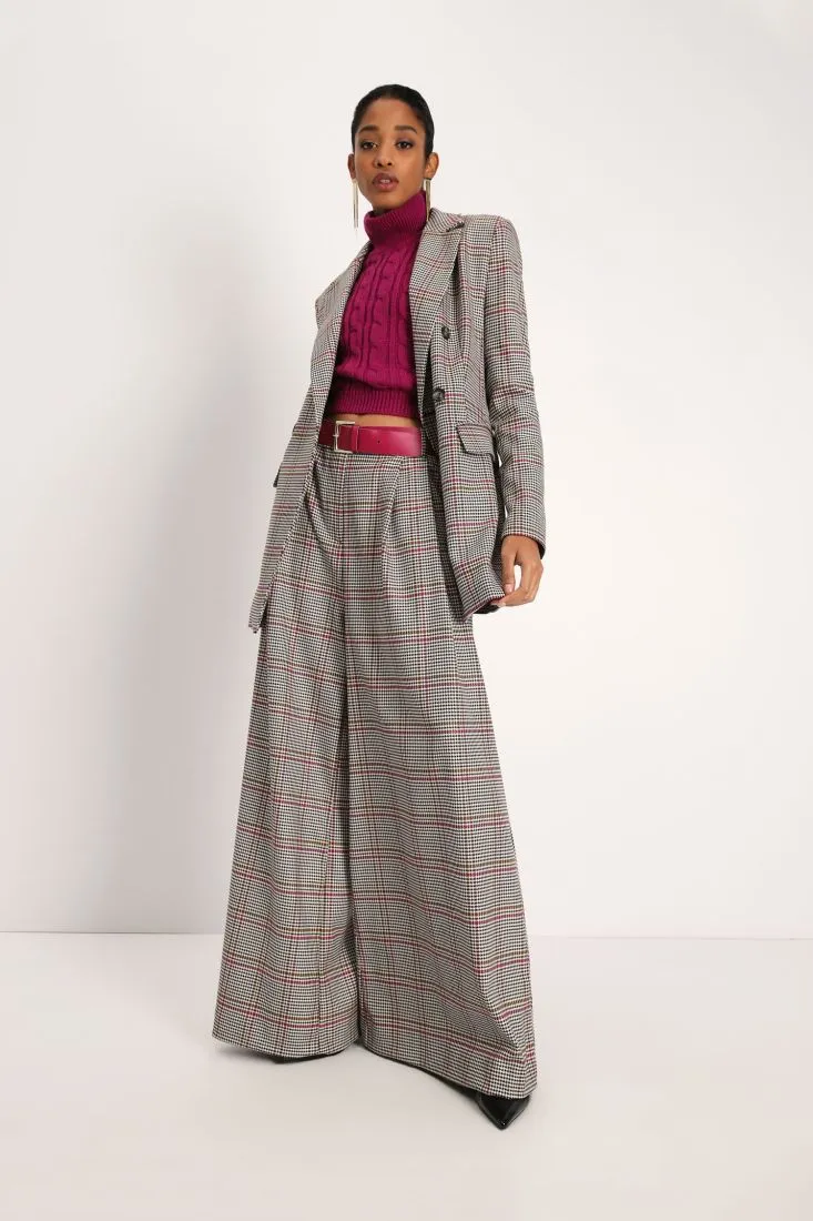 Pantaloni a palazzo fantasia pied-de-poule con pinces