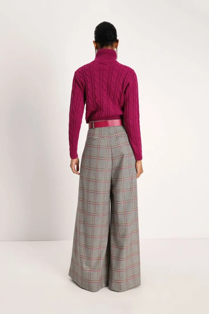 Pantaloni a palazzo fantasia pied-de-poule con pinces
