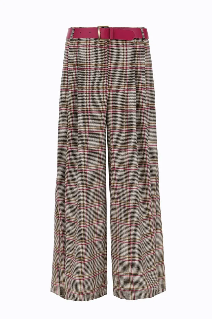 Pantaloni a palazzo fantasia pied-de-poule con pinces