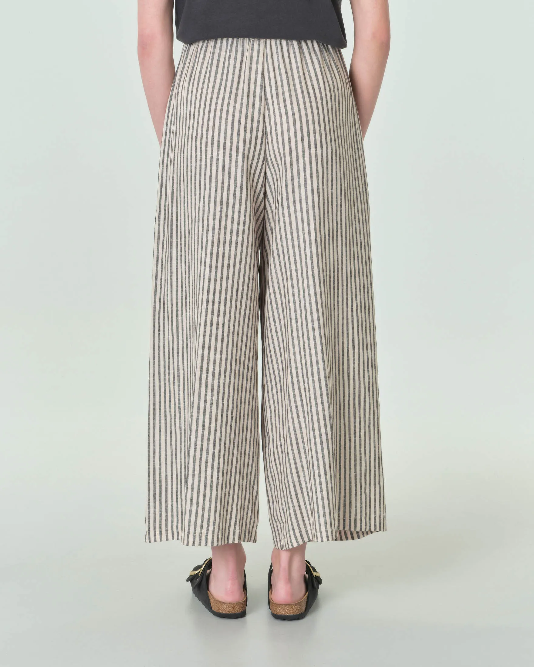 Pantaloni a righe beige e nere in misto lino wide leg dal taglio cropped