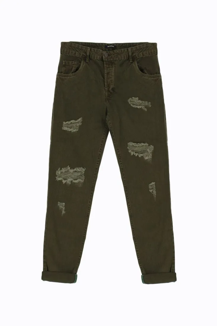 Pantaloni slim-fit monocolour con strappi e orli risvoltati