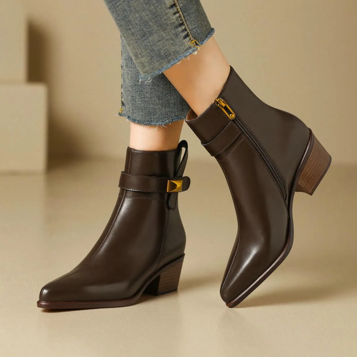 Stivaletti da donna Autunno Inverno Punta quadrata Tacco medio Scarpe da donna da ufficio in vera pelle Donna Taglia 34 40