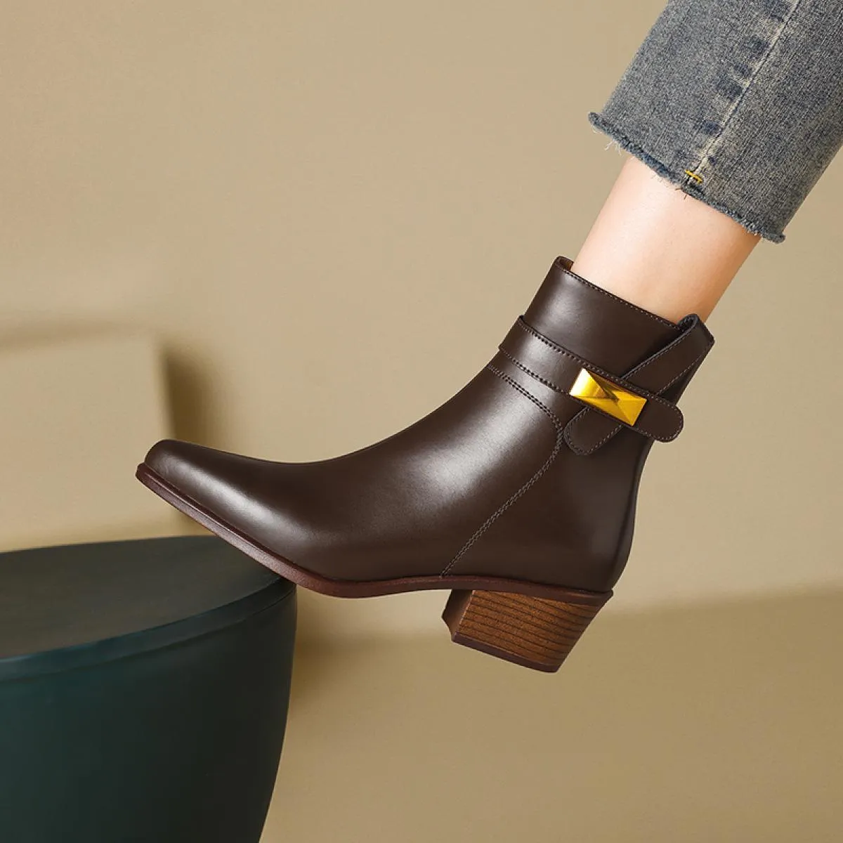 Stivaletti da donna Autunno Inverno Punta quadrata Tacco medio Scarpe da donna da ufficio in vera pelle Donna Taglia 34 40