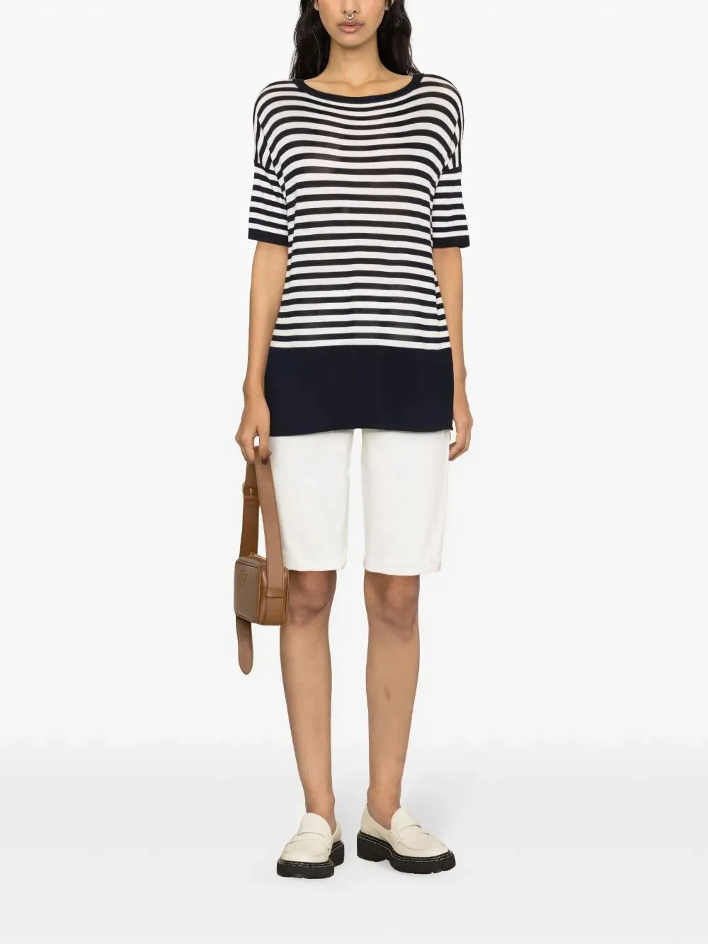 Striped Half-Sleeve Boat-Neck Sweater