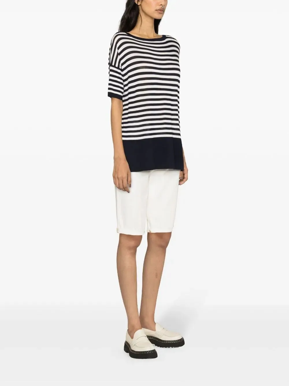 Striped Half-Sleeve Boat-Neck Sweater