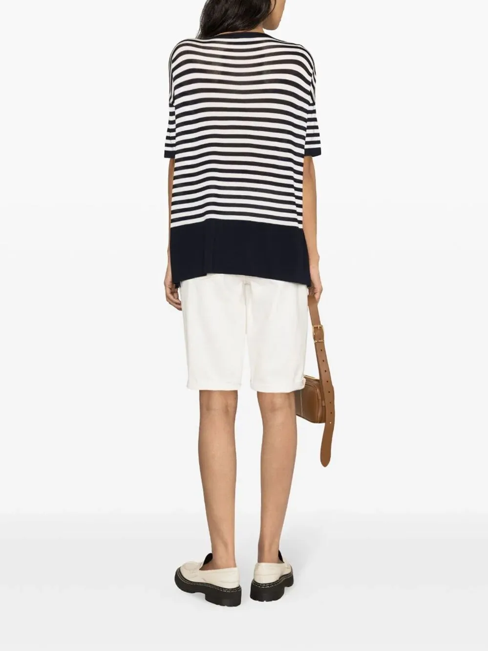 Striped Half-Sleeve Boat-Neck Sweater