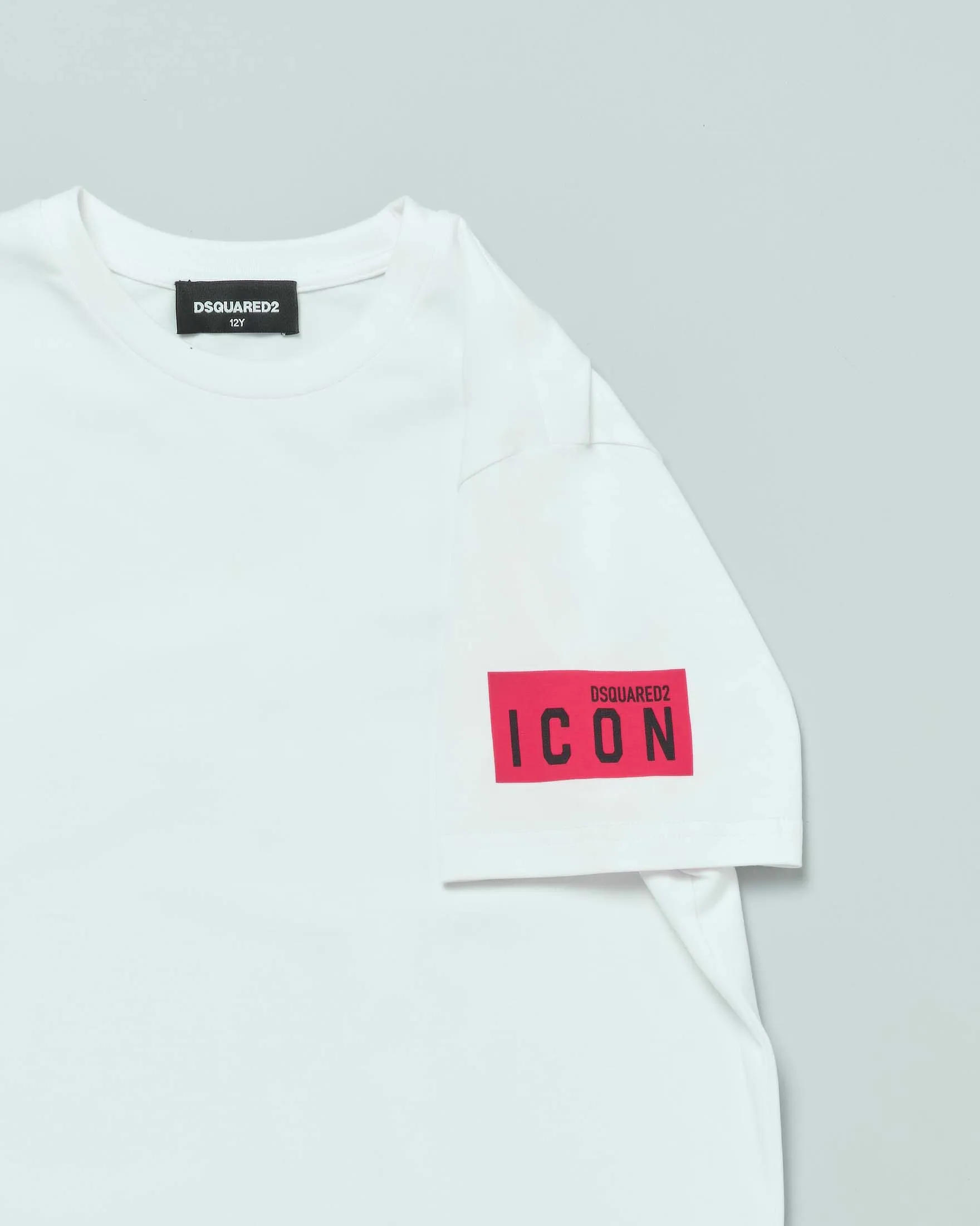 T-shirt bianca in cotone stretch a mezza manica con stampa logo 'Icon' rossa 12-16 anni