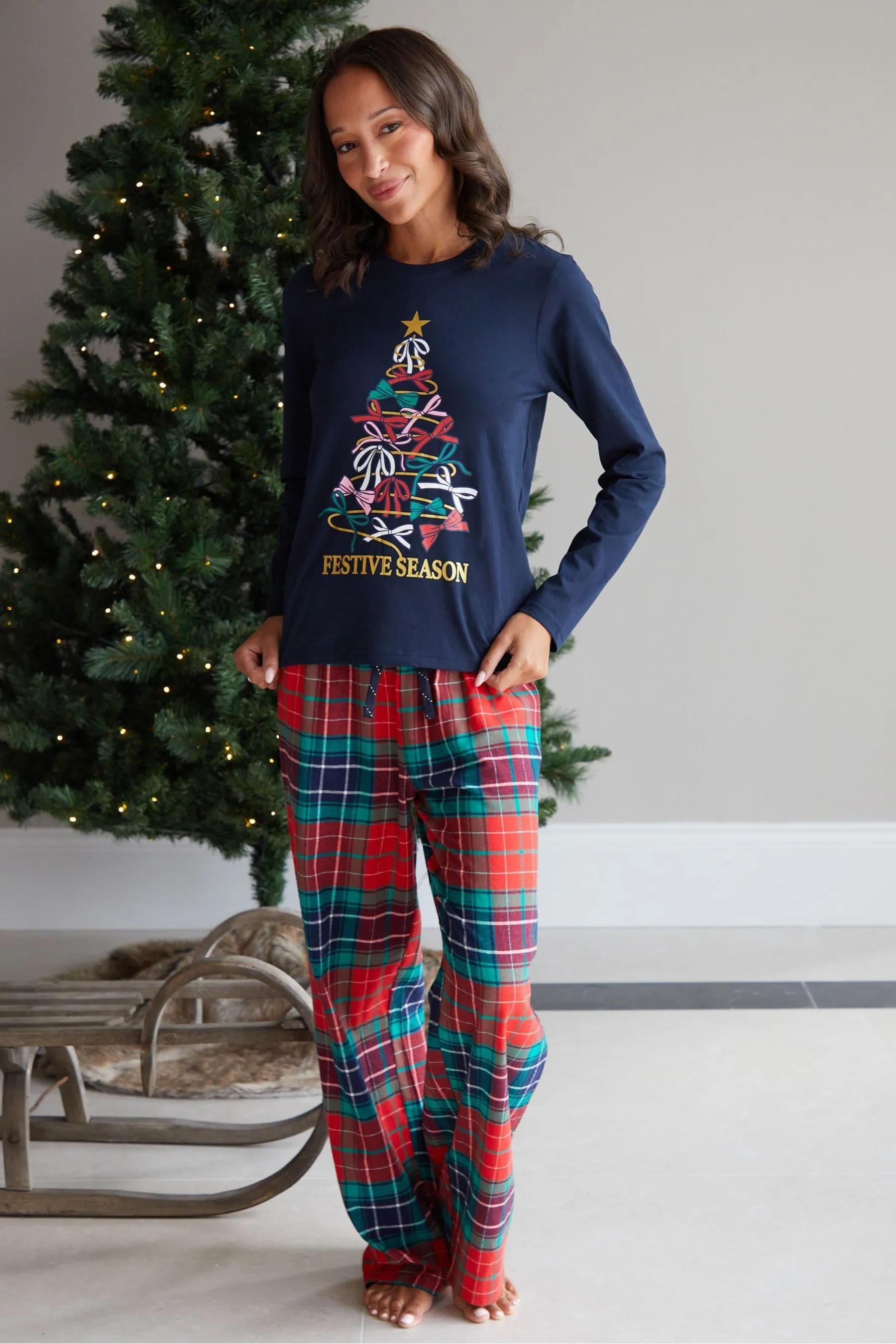 Threadbare 100% Cotone Manica Lunga Natale Check Pigiama Set    