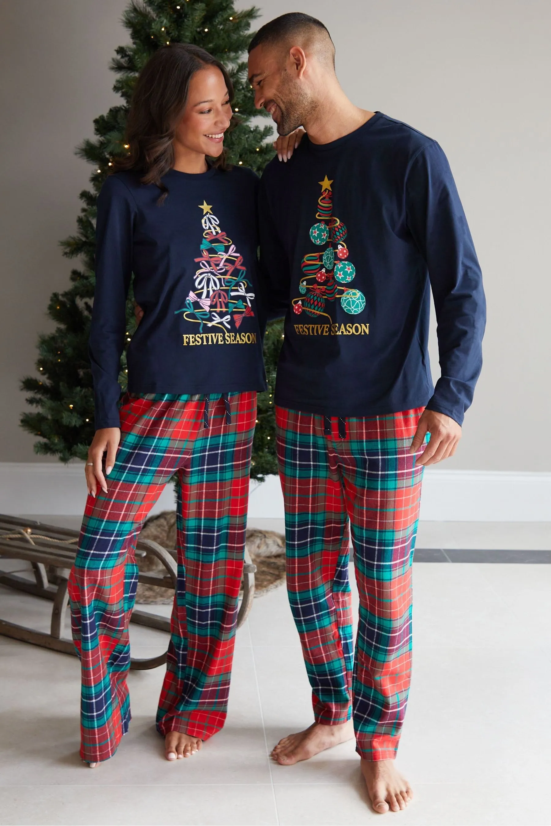 Threadbare 100% Cotone Manica Lunga Natale Check Pigiama Set    