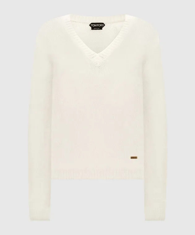 Tom Ford Pullover bianco in cashmere e seta con logo metallico MAK1338YAX755