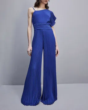 Tuta blu China monospalla con pantaloni palazzo plissè